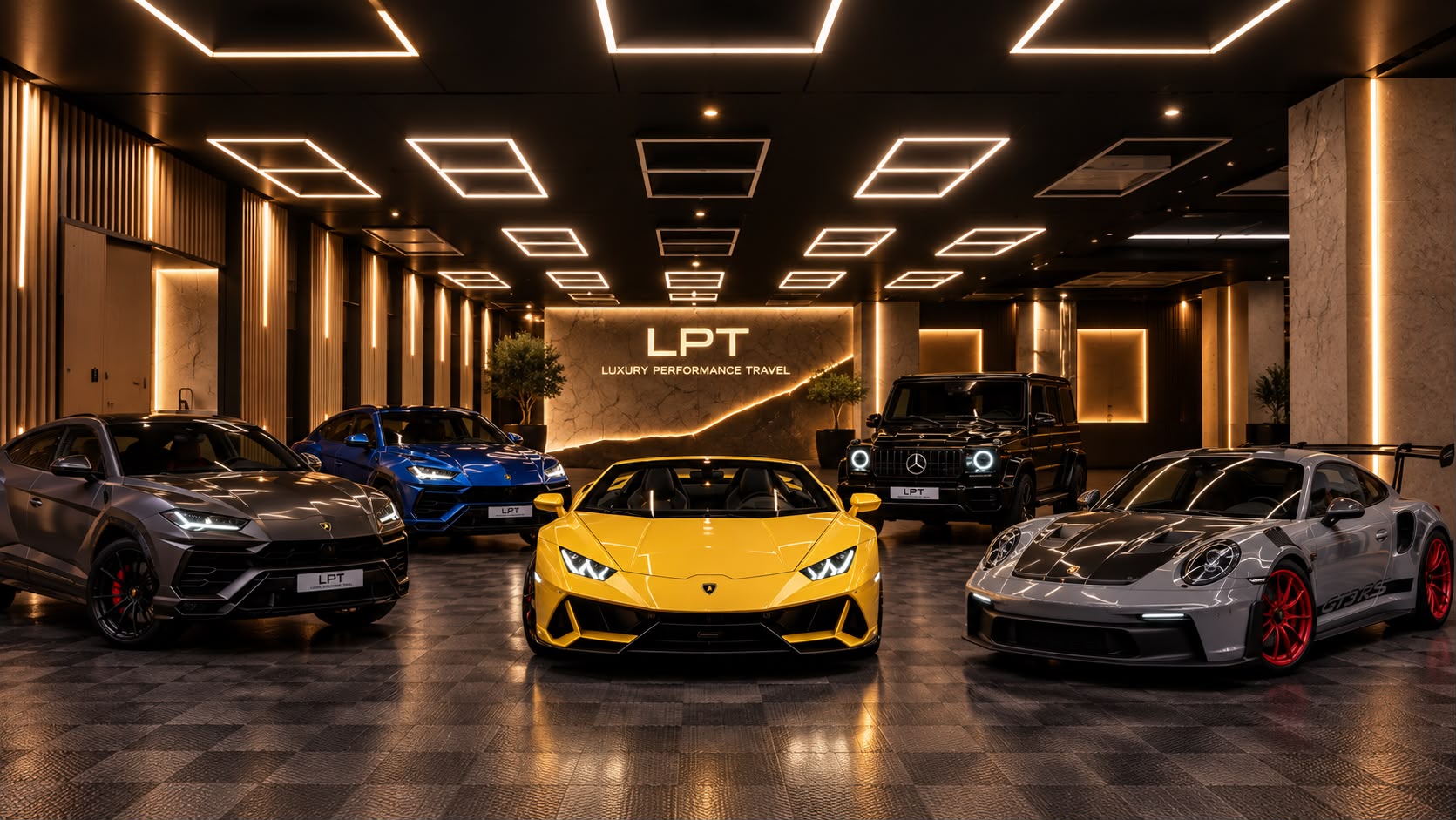 The LPT showroom with Urus, G63, Huracán and GT3 RS